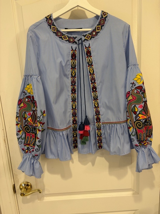 Zara Tops - Zara Light Blue Striped Embroidered Peasant Blouse with Multicolor Tassels
